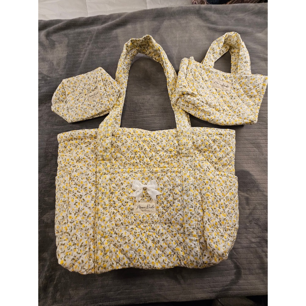 Moon Nude Quilted Floral Bag Set 3pc (Tote, Mini Purse, Pouch)